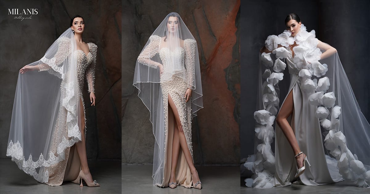 Modern wedding veil featuring 3D floral appliqués, sparkling embellishments, and elegant Italian tulle.